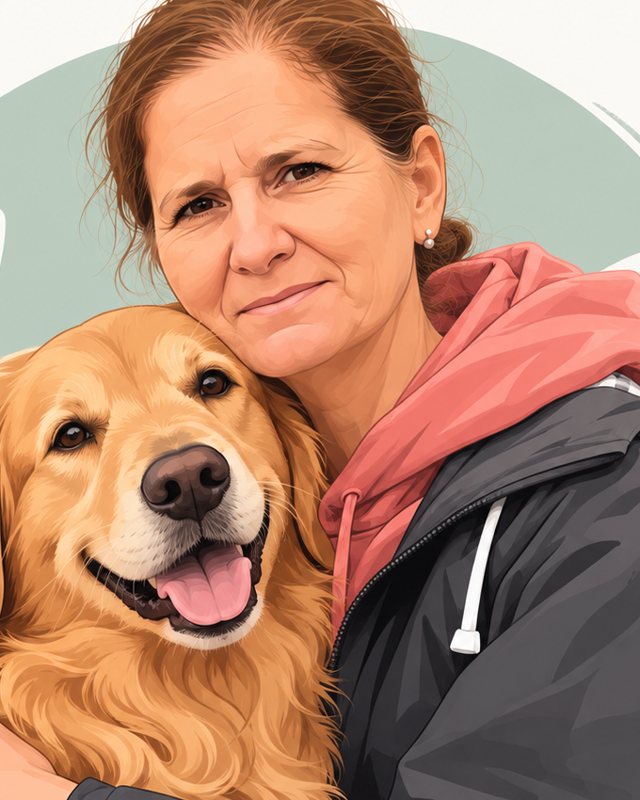 María de Lourdes Lamadrid Cossio abrazando a un golden retriever
